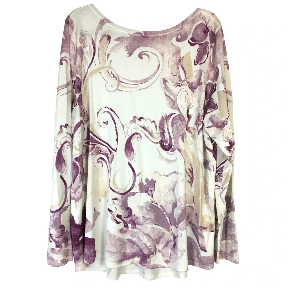 Chicos Purple Abstract Floral Scroll Long Sleeve Sweater Knit‎ Top Size 4 XXL